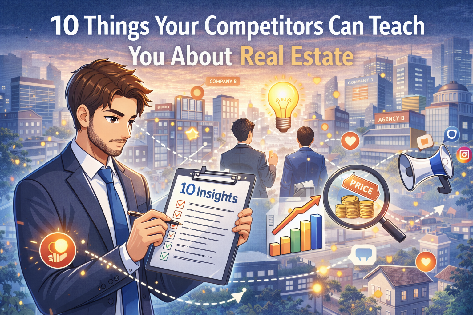 Anime-style illustration showing a real estate professional learning business strategies from competitors in a competitive property market